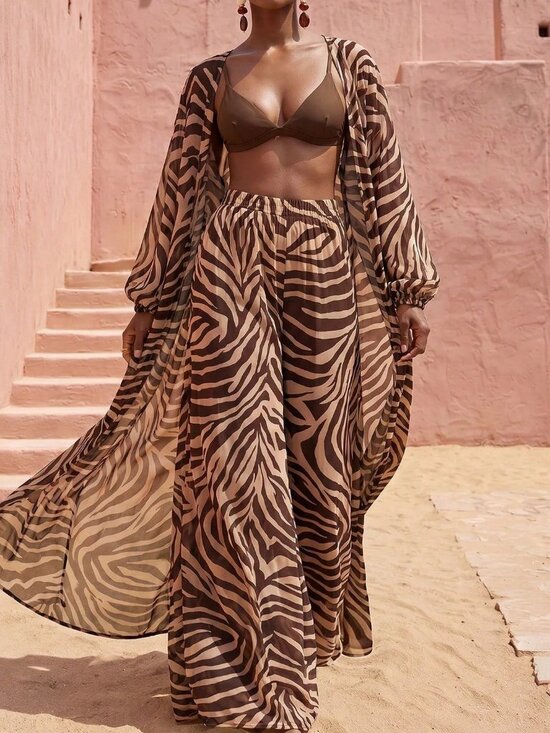 Pants - Brown Zebra Print Women's Lantern Sleeve Kimono Cover Up & Wide Leg Pants Set